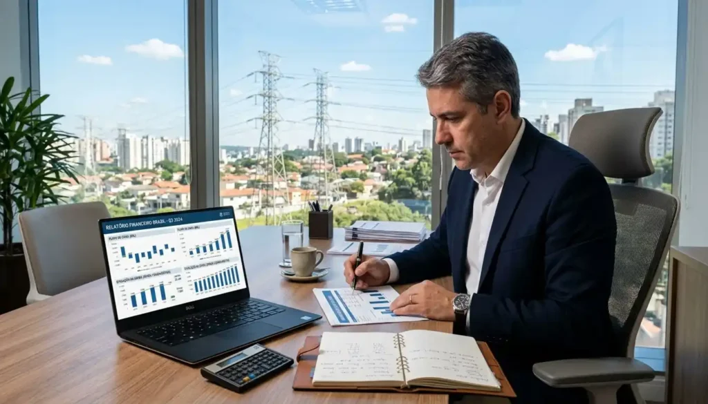 Investidor analisa documentos financeiros enquanto acompanha indicadores relacionados ao setor elétrico. A cena ilustra a avaliação de dividendos, investimentos e endividamento antes da tomada de decisão.