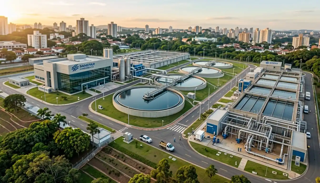 Investidor analisa a ação Sanepar em um notebook enquanto uma estação de tratamento de água aparece ao fundo. A cena representa a avaliação de oportunidades e riscos para investidores de longo prazo.