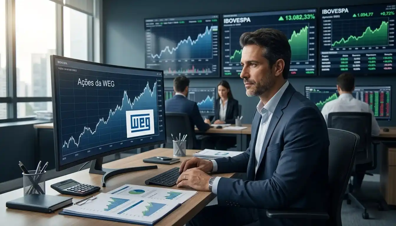 Investidor acompanha gráficos de valorização da Bolsa em uma mesa de trabalho moderna, representando a reação positiva do mercado às ações da WEG. A cena transmite análise financeira e tomada de decisão baseada em resultados corporativos.