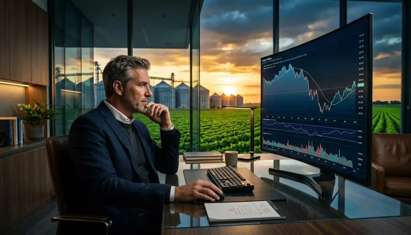 Investidor analisa gráficos financeiros enquanto silos agrícolas aparecem ao fundo, representando as ações Kepler Weber e sua relação com o agronegócio. A cena transmite estratégia, análise e decisões de longo prazo.