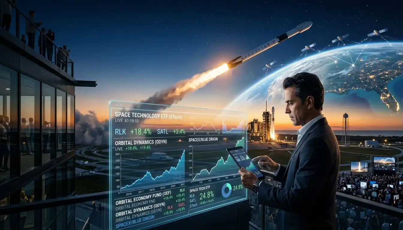 Imagem mostra um investidor analisando informações financeiras enquanto um foguete espacial representa o crescimento da tecnologia espacial. A cena simboliza investimentos em inovação e exposição ao mercado global por meio de ETFs.