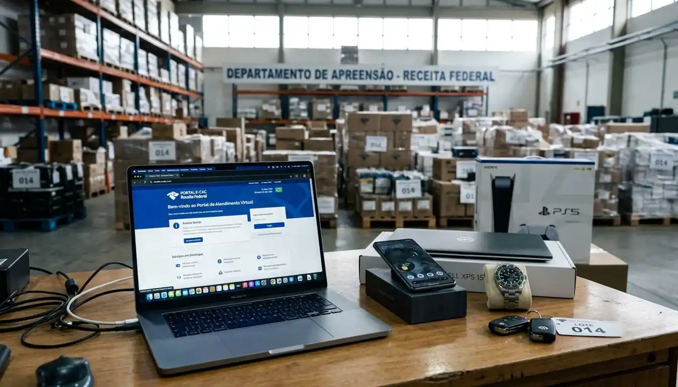 Mesa com notebook exibindo o Portal e-CAC ao lado de eletrônicos e chaves de veículo, representando um leilão da Receita Federal. A imagem transmite organização, oportunidade e ambiente institucional.