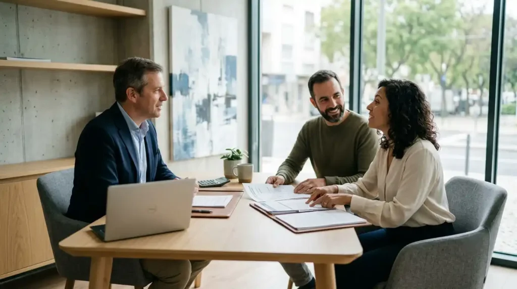 Consultor explica uma apólice de seguro de vida para um casal em um escritório moderno. A cena representa o processo de escolha das coberturas e a tomada de decisão informada.