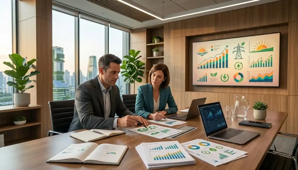 Profissionais analisando informações financeiras e indicadores de sustentabilidade durante uma reunião empresarial. A cena representa planejamento estratégico e decisões financeiras alinhadas a uma visão de longo prazo.