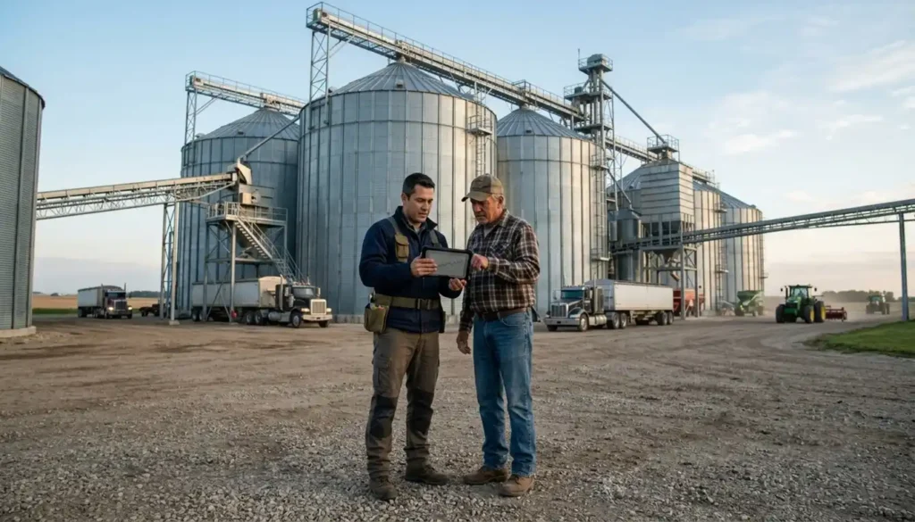 Produtor rural e engenheiro analisam uma estrutura de armazenagem de grãos utilizando um tablet. A imagem representa os investimentos em infraestrutura agrícola ligados à atuação da Kepler Weber.
