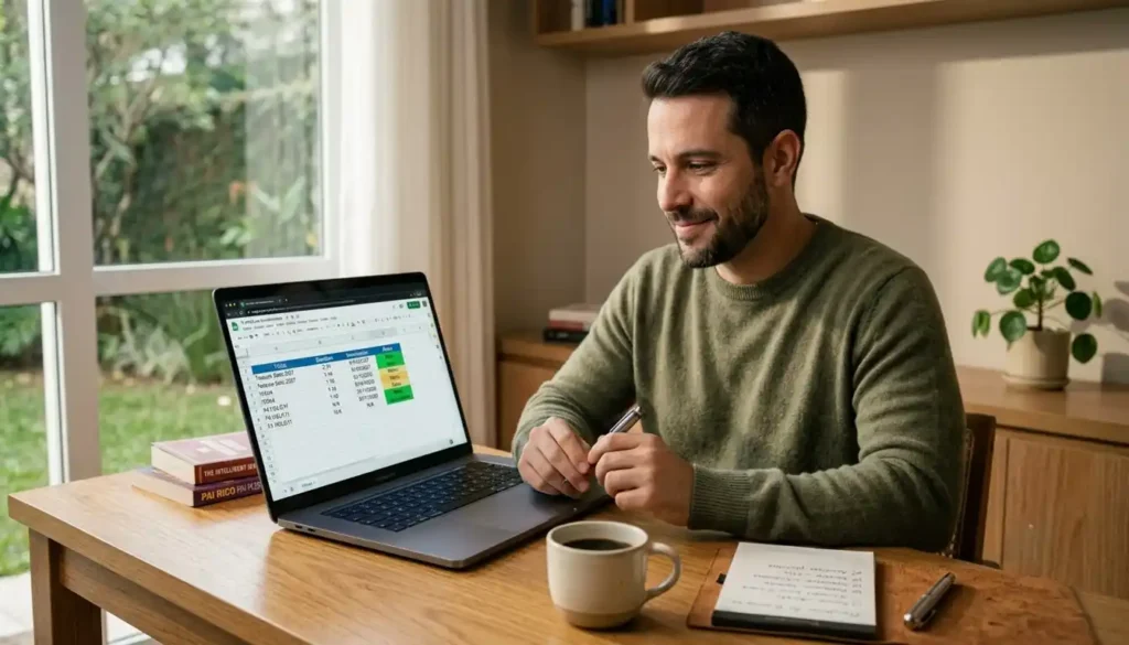 Homem sentado em uma poltrona moderna em um escritório clean, segurando um smartphone com um gráfico em queda. Sua expressão é de preocupação ao ver uma desvalorização de 30% em seu investimento. A cena transmite a tensão entre a aparente segurança da renda fixa e a volatilidade real da marcação a mercado.