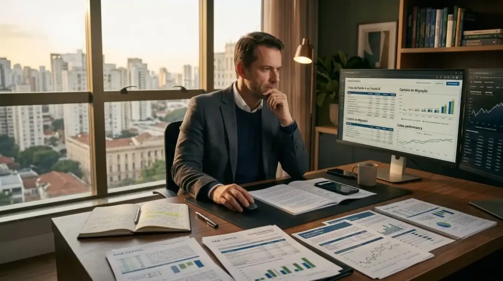 Imagem apresenta um investidor analisando documentos e informações sobre investimentos. A cena representa o acompanhamento de mudanças e decisões relacionadas a fundos imobiliários.