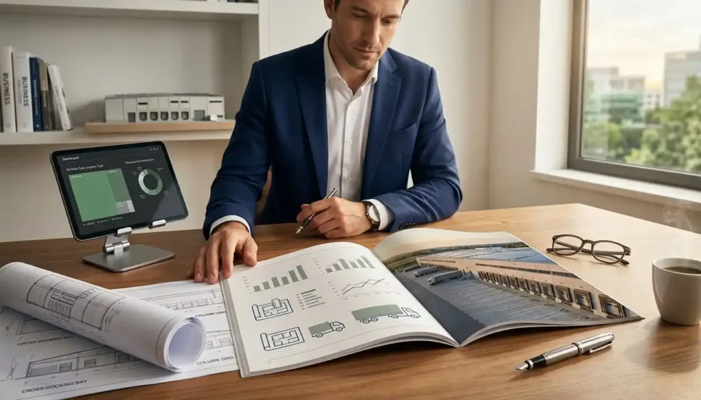 Pessoa analisando documentos de um fundo imobiliário com referência a galpões logísticos e ativos reais. A cena mostra a relação entre análise financeira e investimentos em imóveis.