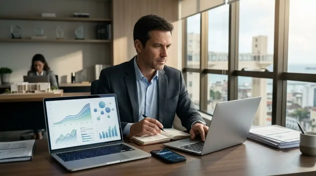Imagem mostra um investidor analisando gráficos financeiros em um notebook em um ambiente moderno e tranquilo, representando decisões práticas sobre Tesouro Direto. A cena transmite foco, planejamento e educação financeira.