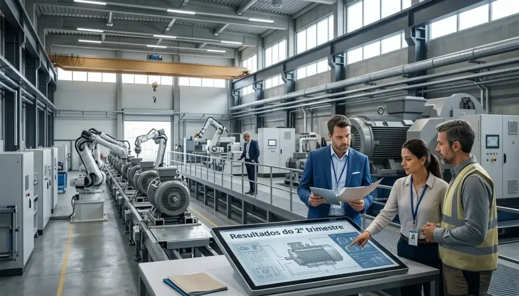 Equipe técnica analisa equipamentos industriais e documentos financeiros em uma fábrica moderna, representando os investimentos e a eficiência operacional da empresa. A imagem ilustra o contexto dos resultados do segundo trimestre.
