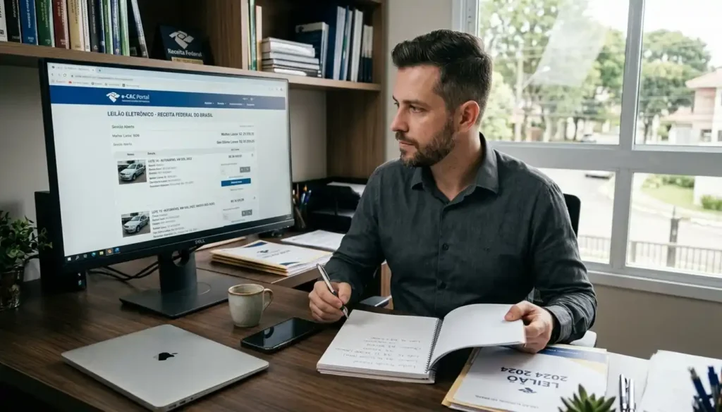 Pessoa utilizando um computador para participar de um leilão da Receita Federal enquanto consulta documentos e faz anotações. A cena representa o processo de envio de propostas de forma online e organizada.