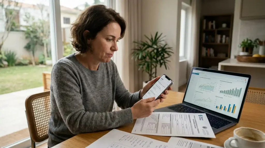 Pessoa analisa documentos e informações de seguro no celular e laptop em ambiente doméstico, transmitindo atenção e cuidado financeiro.