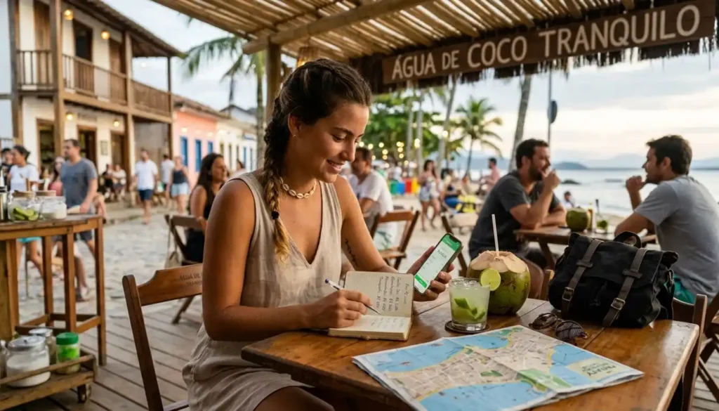 Viajante organizando despesas em um café durante uma viagem, usando celular e anotações financeiras. A cena mostra planejamento e controle do orçamento para evitar gastos desnecessários.