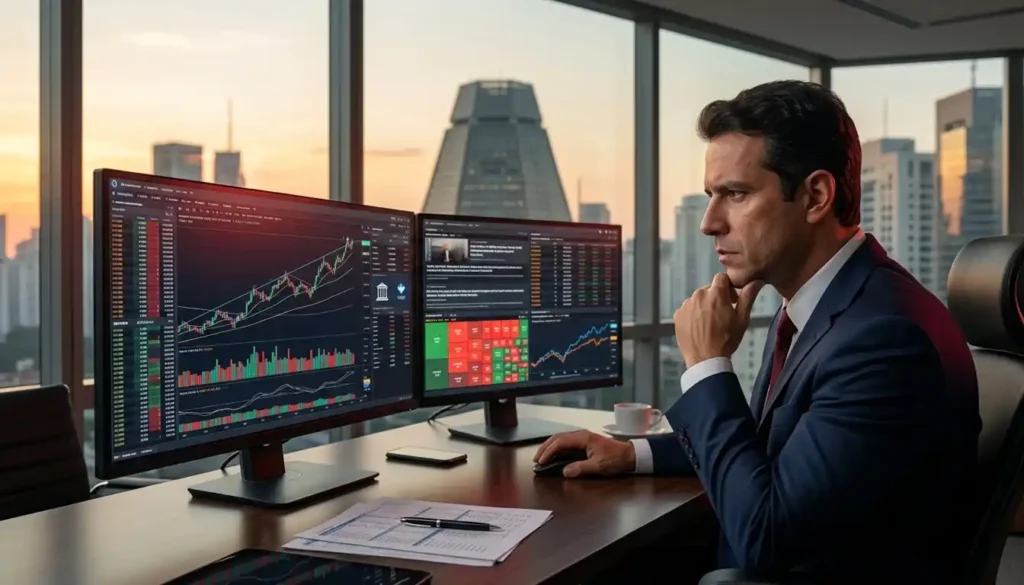 Investidor acompanha gráficos e indicadores do mercado acionário em monitores durante uma sessão de análise financeira. Ao fundo, aparece a paisagem corporativa de São Paulo.