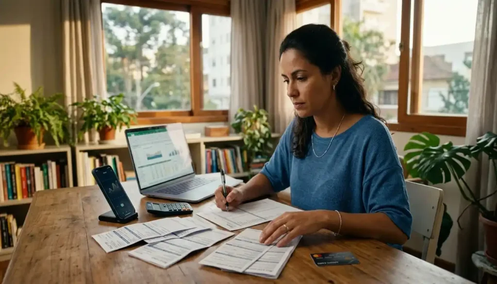 Consumidor brasileira analisa boletos, cartão e orçamento mensal sobre uma mesa. A cena representa a avaliação da capacidade de pagamento antes de assumir novas parcelas.

