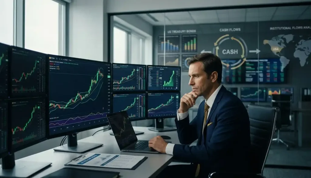 Operador financeiro acompanha gráficos de Bitcoin em monitores, enquanto analisa movimentos de preço, indicadores técnicos e condições do mercado.