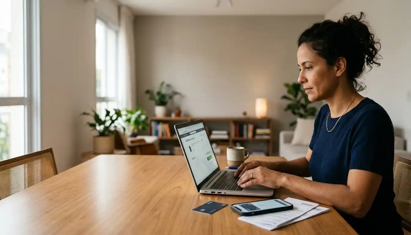 Consumidor analisa uma compra parcelada em um notebook, com cartão, smartphone e boletos sobre a mesa. A cena representa diferentes alternativas de pagamento e crédito.