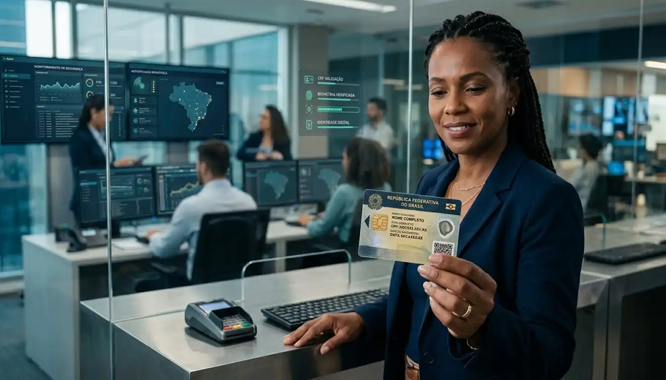 Pessoa segura a Carteira de Identidade Nacional diante de elementos digitais de segurança bancária e biometria. A cena representa o uso da identidade digital no combate às fraudes financeiras.