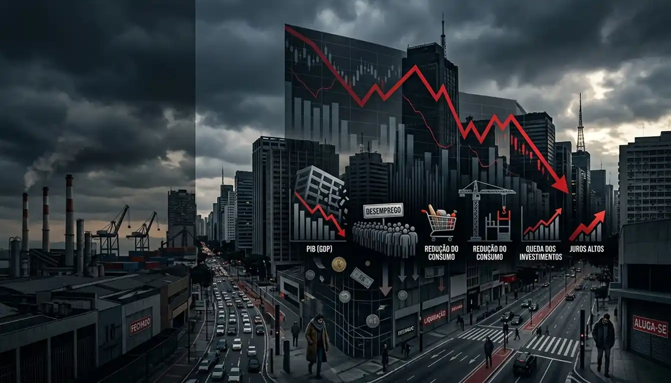 Ilustração conceitual de uma recessão econômica, mostrando uma cidade em cenário sombrio, gráficos financeiros em queda, fábricas com baixa atividade, lojas vazias e indicadores de desemprego, inflação e juros elevados.