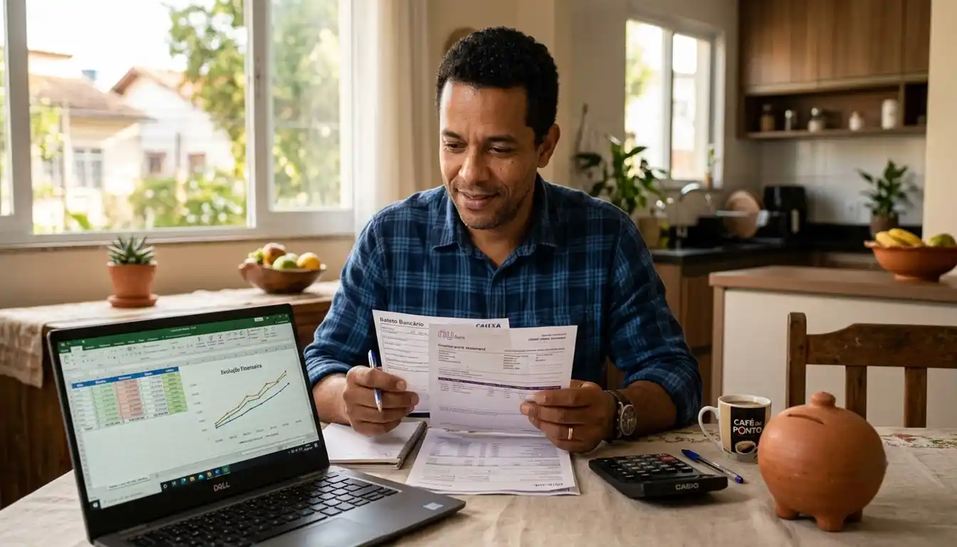 Homem organizando contas e analisando seu orçamento em casa, enquanto utiliza um notebook e uma calculadora. A cena representa planejamento financeiro e o início do processo para sair das dívidas.