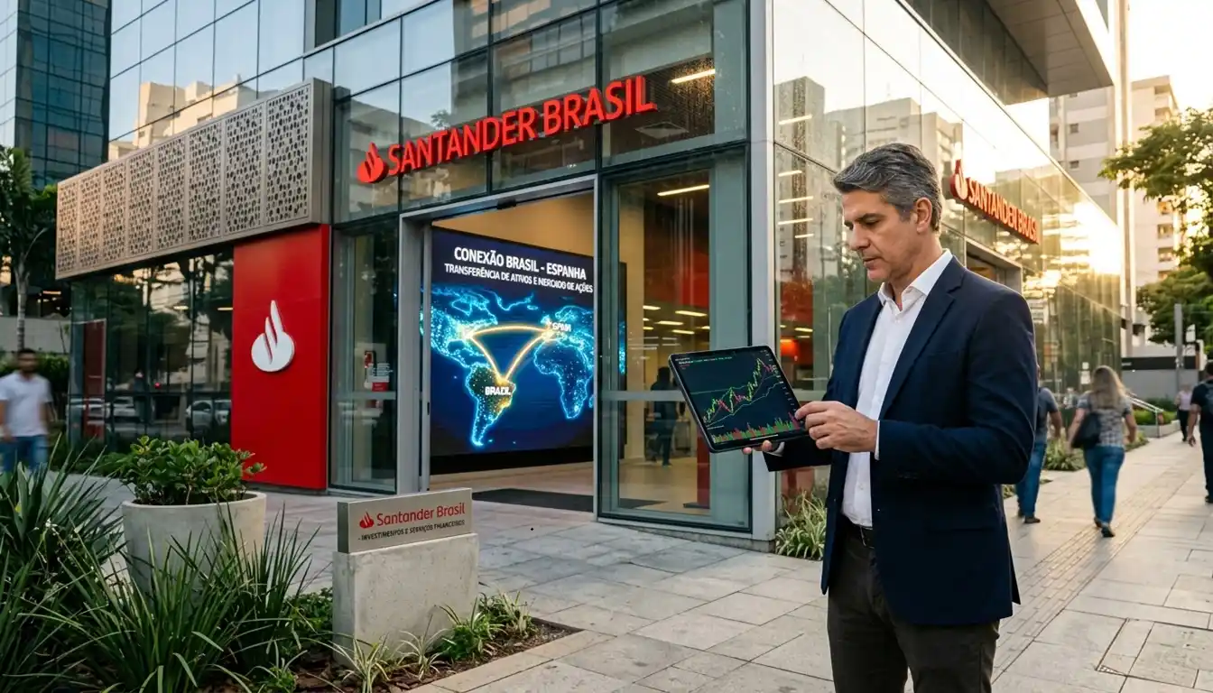 Investidor analisa informações financeiras em frente a uma agência do Santander enquanto uma representação visual conecta Brasil e Espanha, simbolizando a oferta de troca de ações.
