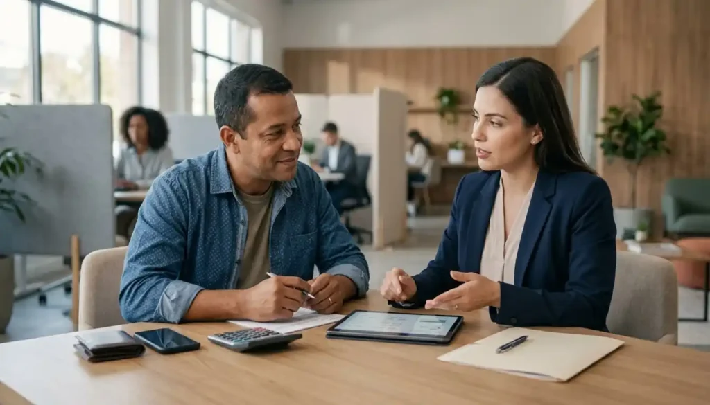 Um trabalhador analisa uma simulação de crédito com uma profissional em uma instituição financeira. A cena representa a avaliação das condições de uma nova linha de crédito.