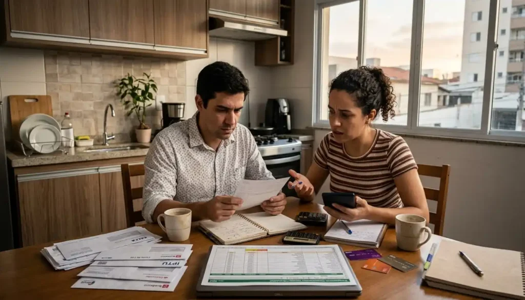 Casal organiza boletos e documentos financeiros em casa enquanto revisa o orçamento familiar. A imagem representa o impacto do endividamento e dos juros elevados sobre as famílias brasileiras.