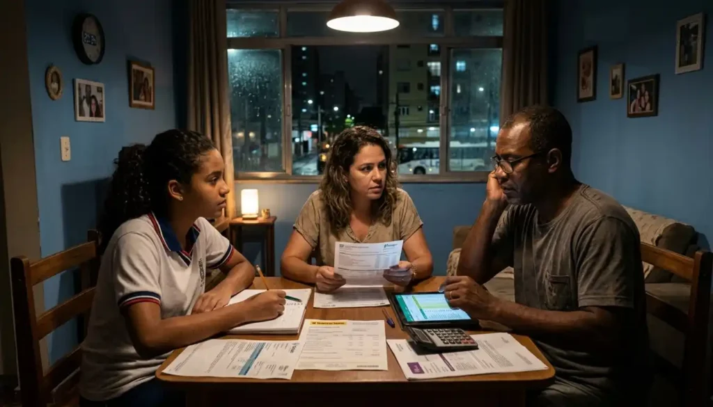 Uma pessoa organiza boletos e acompanha despesas pelo celular enquanto utiliza uma calculadora. A imagem representa o planejamento financeiro e a tentativa de controlar dívidas no orçamento familiar.