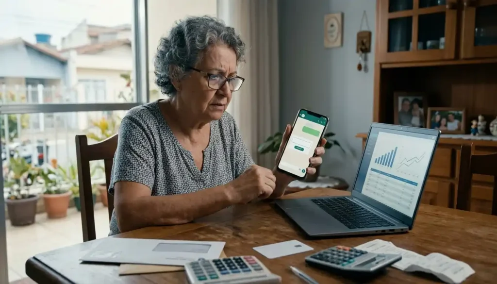 Pessoa idosa analisa uma solicitação de pagamento no celular enquanto consulta uma plataforma de investimentos no notebook, representando uma fraude financeira digital.