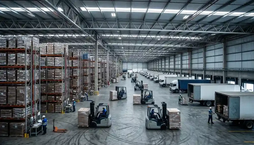 Interior de um grande galpão logístico com docas, caminhões, pallets e trabalhadores em operação. A imagem representa a estrutura e a escala dos imóveis que compõem um fundo imobiliário logístico.