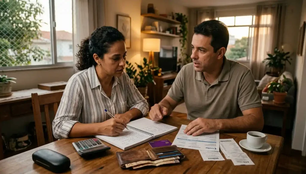 Casal brasileiro analisa despesas e organiza o orçamento familiar com calculadora, documentos e dinheiro sobre a mesa. A cena representa o impacto do salário mínimo nas finanças do dia a dia.