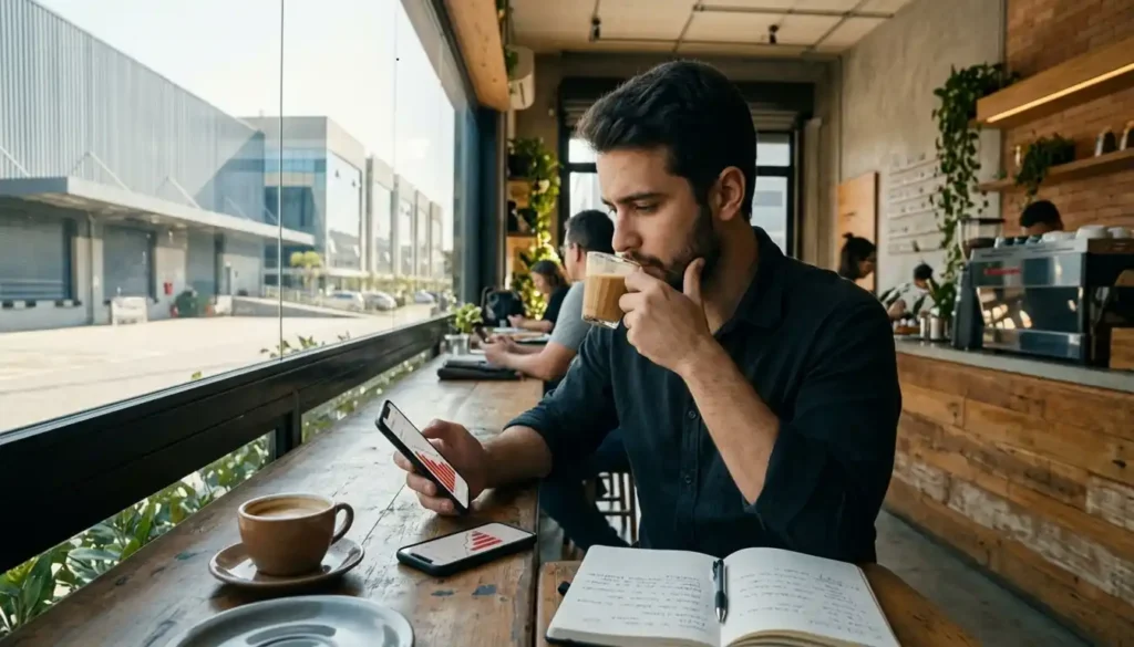 Investidor analisa uma queda na cotação de um FII enquanto toma café em uma cafeteria, mantendo uma postura tranquila. Ao fundo, um galpão logístico reforça a relação com os imóveis presentes nos fundos imobiliários.