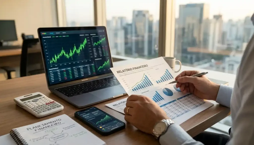 Mesa de trabalho com ferramentas utilizadas para acompanhar investimentos e analisar empresas listadas na bolsa. A imagem representa o planejamento de investidores que acompanham dividendos e resultados corporativos.