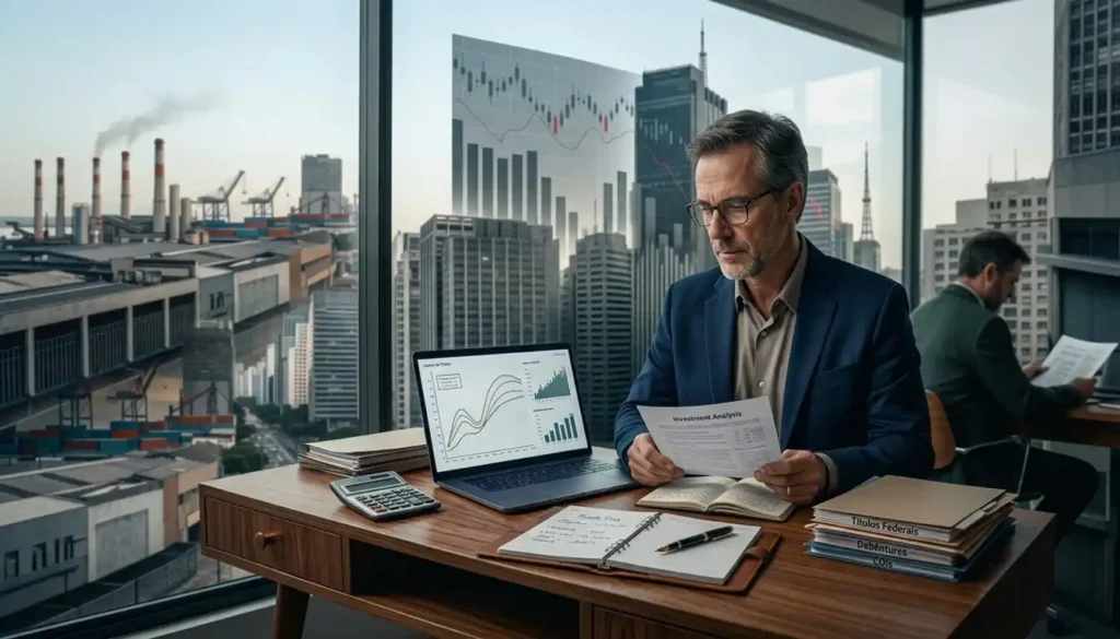 Investidor analisa gráficos de juros e títulos de renda fixa em um notebook, avaliando riscos e prazos. A cena representa a importância de compreender as oscilações dos investimentos antes de tomar decisões.