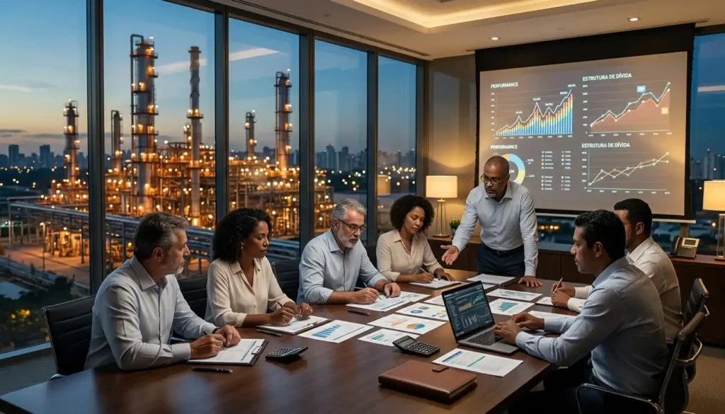Executivos analisam documentos financeiros em um escritório enquanto uma planta petroquímica aparece ao fundo, representando a negociação das dívidas da companhia.