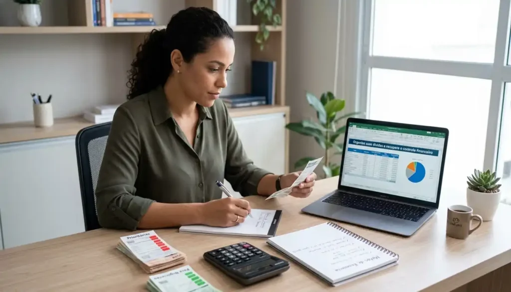 Pessoa organizando boletos, planilha financeira e anotações sobre o orçamento em uma mesa de trabalho. A imagem ilustra o planejamento necessário para negociar dívidas e reorganizar as finanças.