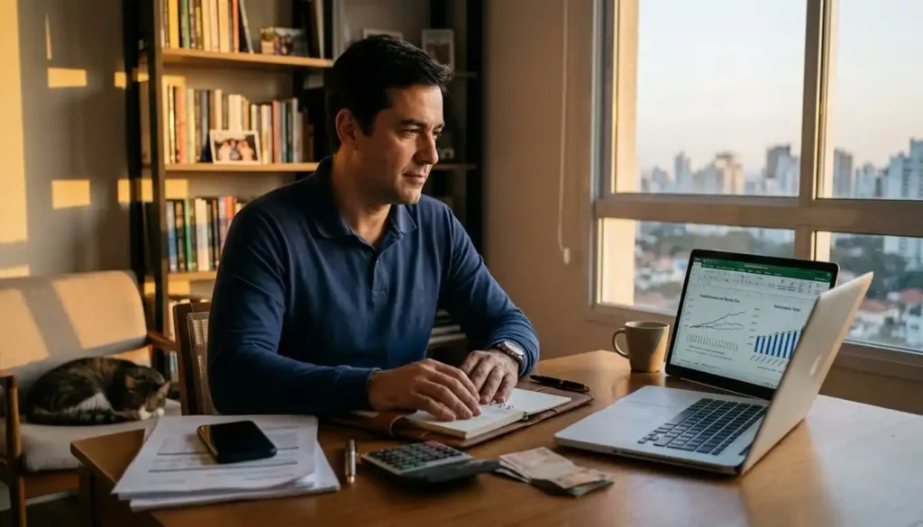 Homem organiza documentos e planejamento financeiro em um escritório doméstico, com notebook e calculadora sobre a mesa. A cena representa organização e construção de patrimônio ao longo do tempo.
