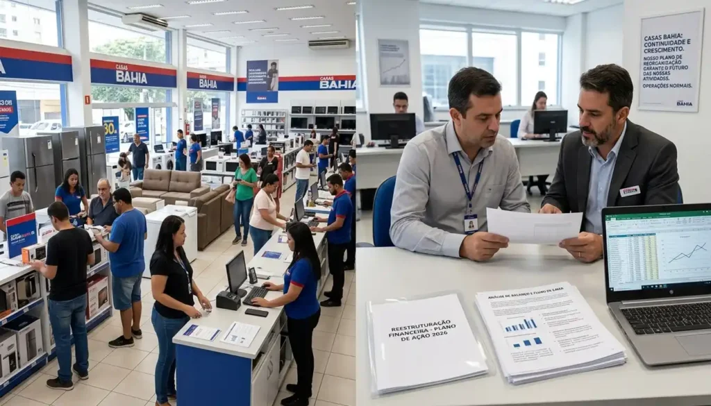 Recuperação judicial da Casas Bahia ocorre enquanto a empresa mantém suas operações e busca reestruturar as finanças.