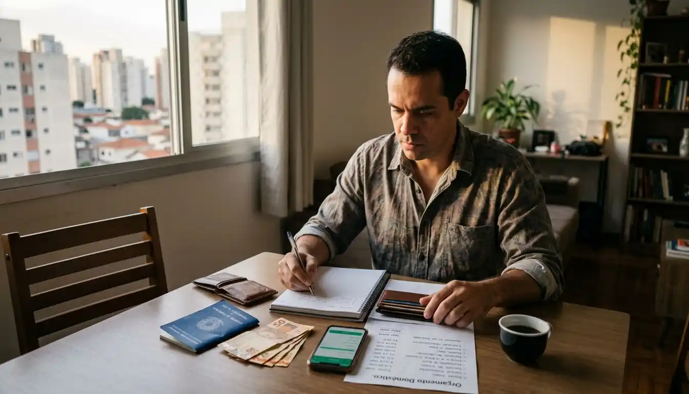Trabalhador brasileiro analisa o orçamento doméstico com dinheiro e documentos financeiros sobre a mesa. A cena representa o impacto do salário mínimo de 2027 na renda e no planejamento financeiro.