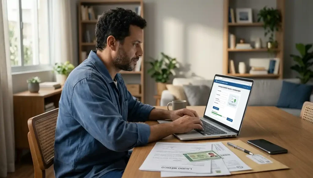 Trabalhador preenche uma solicitação digital em um notebook enquanto consulta documentos médicos sobre a mesa. A imagem representa o processo de pedido do benefício por incapacidade temporária ao INSS.