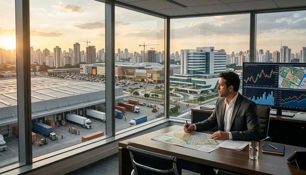 Cena de um portfólio imobiliário diversificado, com galpão logístico, empreendimentos comerciais e um investidor analisando dados. A imagem representa a expansão e a gestão ativa de um fundo imobiliário.