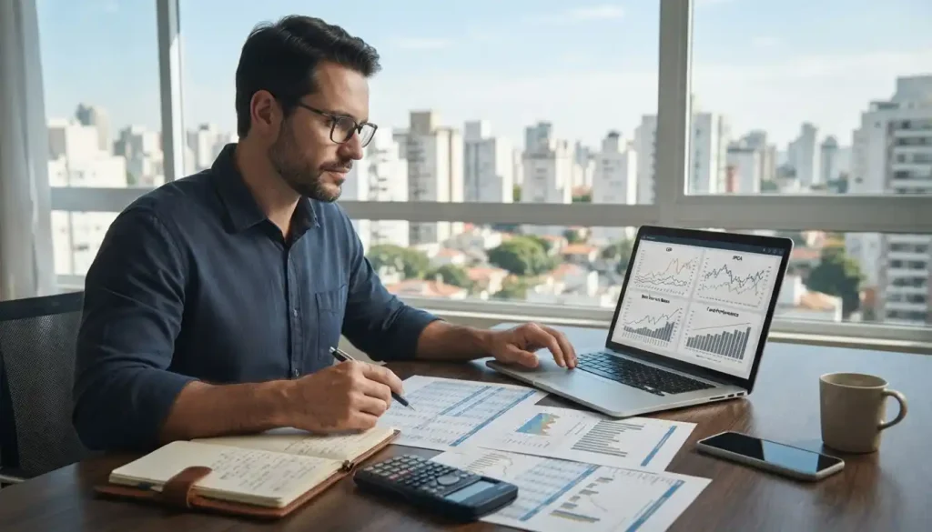 Investidor analisa uma carteira de fundos imobiliários em um ambiente doméstico organizado. Notebook, documentos e gráficos representam a avaliação de juros, inflação e diferentes tipos de ativos.