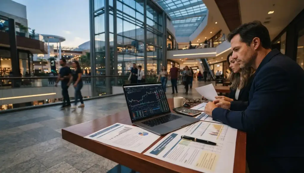 Investidor analisa documentos e gráficos financeiros sobre uma emissão de cotas enquanto observa um shopping center ao fundo. A cena representa a comparação entre preços e a avaliação da destinação dos recursos de um fundo imobiliário.