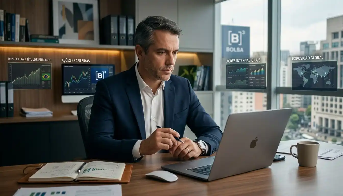 Investidor analisa uma carteira diversificada de ETFs em um ambiente financeiro moderno, com gráficos e referências visuais a renda fixa, ações brasileiras e mercados internacionais.