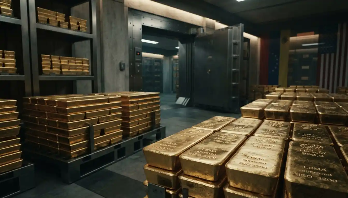 Barras de ouro armazenadas em um cofre bancário representam as reservas de ouro da Venezuela e a possível transferência dos ativos para os Estados Unidos. A cena remete à disputa internacional envolvendo as reservas venezuelanas.