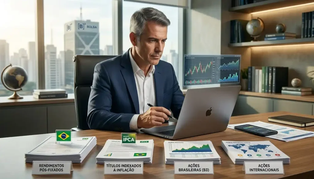 Investidor organiza uma carteira de ETFs no computador, comparando diferentes classes de ativos, como renda fixa e ações brasileiras e internacionais.