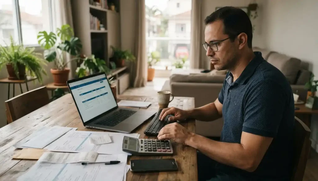 Consumidor compara condições de uma dívida no notebook enquanto calcula valores e organiza documentos financeiros. A cena representa a decisão entre quitar ou parcelar um débito no contexto do Desenrola 3.0.