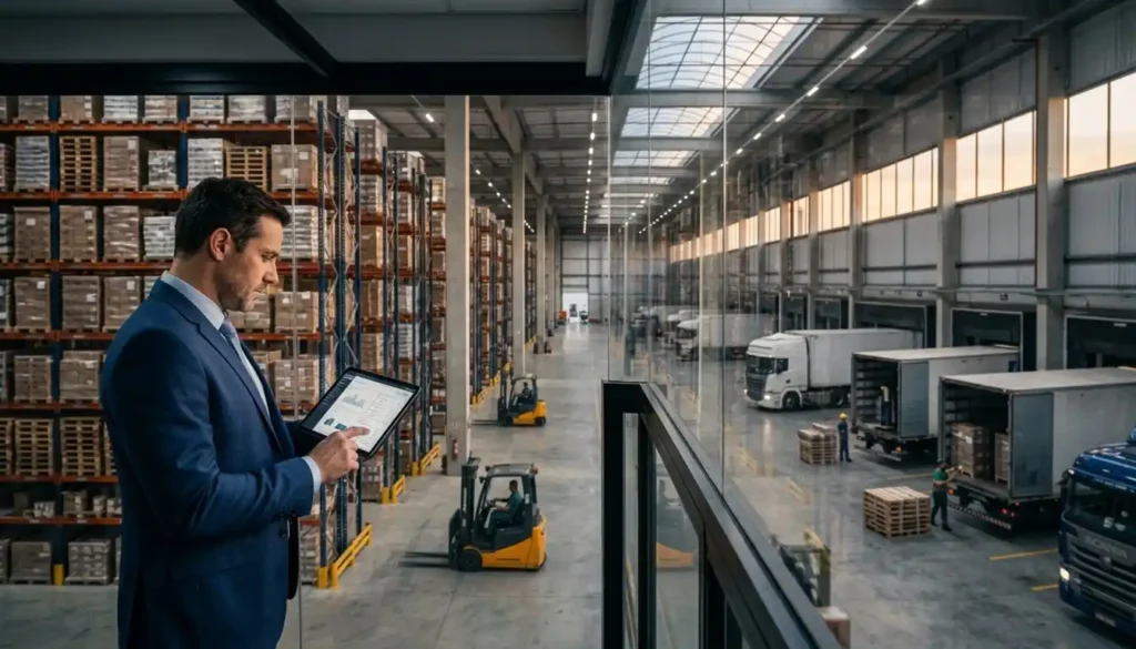 Profissional analisa informações dentro de um moderno centro de distribuição logístico enquanto operações de carga acontecem ao fundo. A cena representa a gestão de riscos e imóveis dos FIIs de logística.