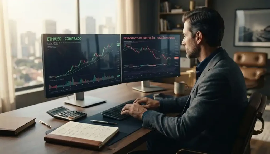 Investidor analisa gráficos de Ethereum e uma posição de proteção em derivativos em dois monitores. A cena representa, de forma prática, o uso de hedge para administrar a exposição ao ETH.