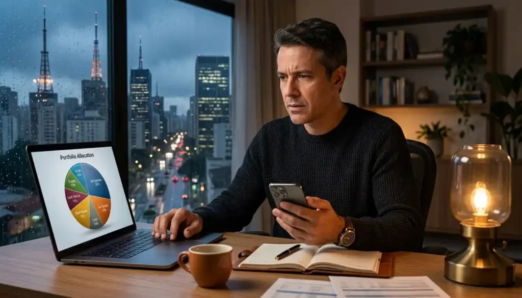 Investidor analisa uma queda do mercado em seu notebook enquanto segura o celular, refletindo antes de tomar uma decisão. A cena representa o impacto das emoções e da volatilidade sobre o comportamento financeiro.